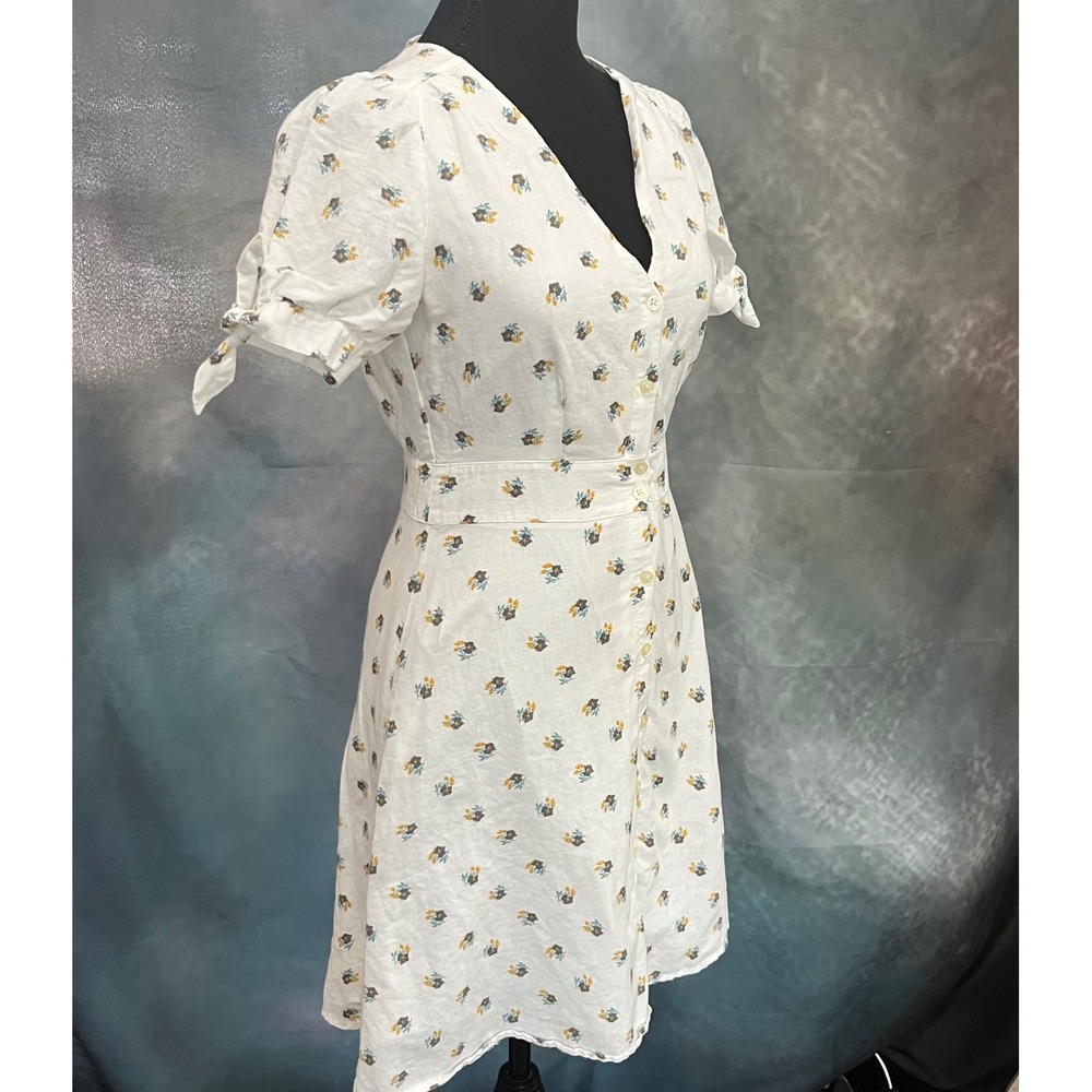 Gap Women White Floral Linen Blend‎ Button Front Tie Sleeve Mini Dress Size 0 - Picture 3 of 7